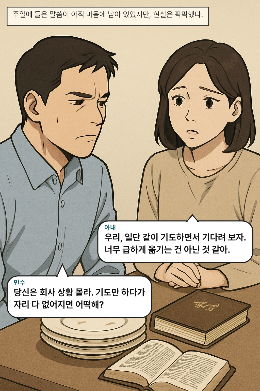 주일에 들은 말씀이 아직 마음에 남아 있었지만, 현실은 팍팍했다. / 아내: 우리, 일단 같이 기도하면서 기다려 보자. 너무 급하게 옮기는 건 아닌 것 같아.
민수: 당신은 회사 상황 몰라. 기도만 하다가 자리 다 없어지면 어떡해?
