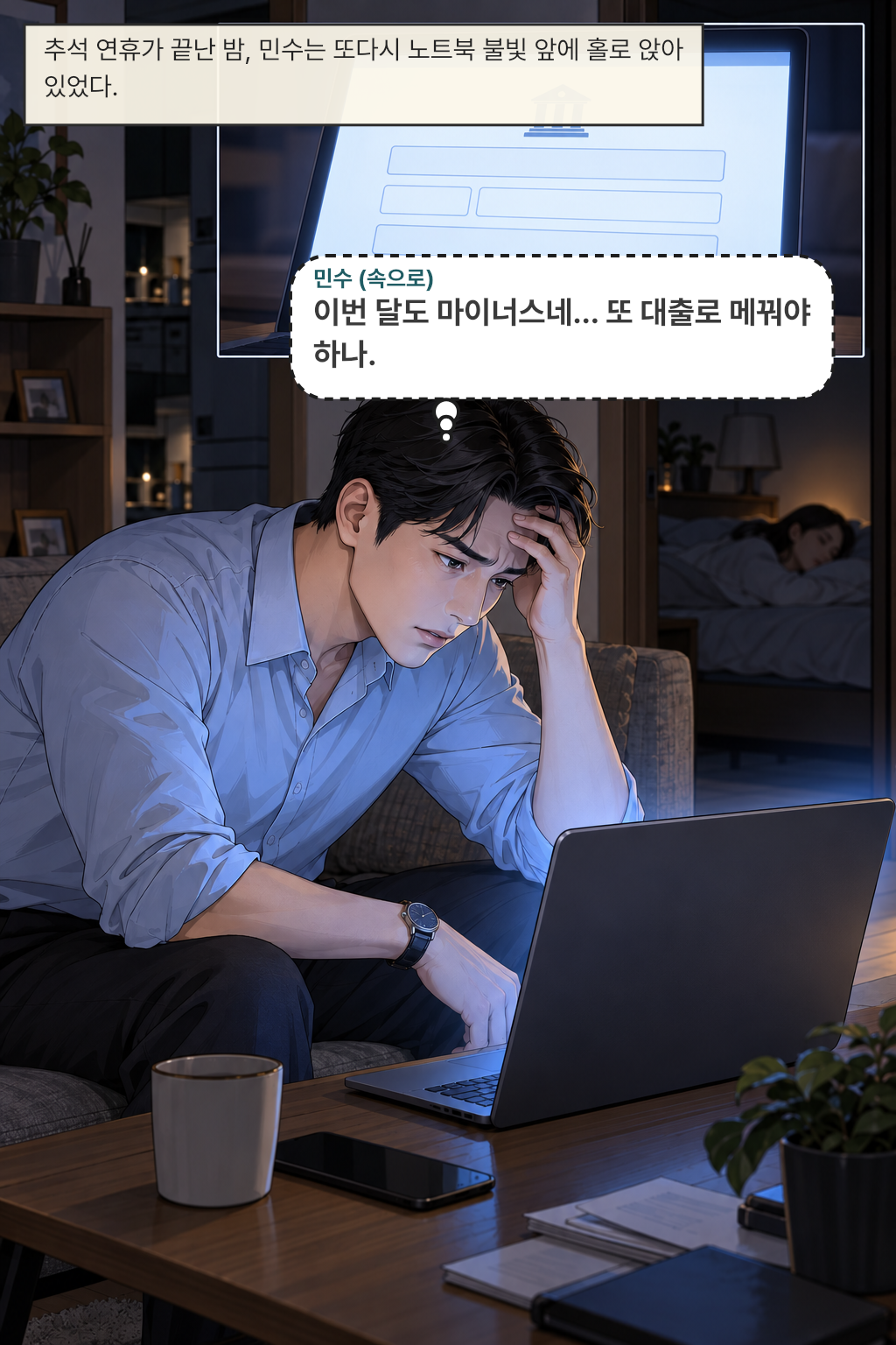 추석 연휴가 끝난 밤, 민수는 또다시 노트북 불빛 앞에 홀로 앉아 있었다. / 민수(속으로): 이번 달도 마이너스네… 또 대출로 메꿔야 하나.