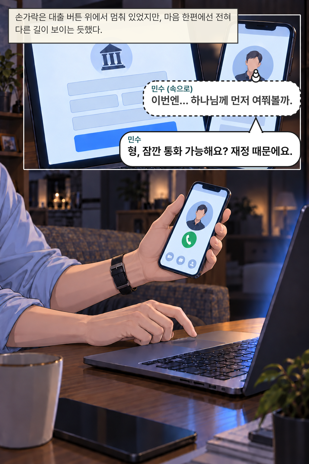 손가락은 대출 버튼 위에서 멈춰 있었지만, 마음 한편에선 전혀 다른 길이 보이는 듯했다. / 민수(속으로): 이번엔… 하나님께 먼저 여쭤볼까.
민수: 형, 잠깐 통화 가능해요? 재정 때문에요.