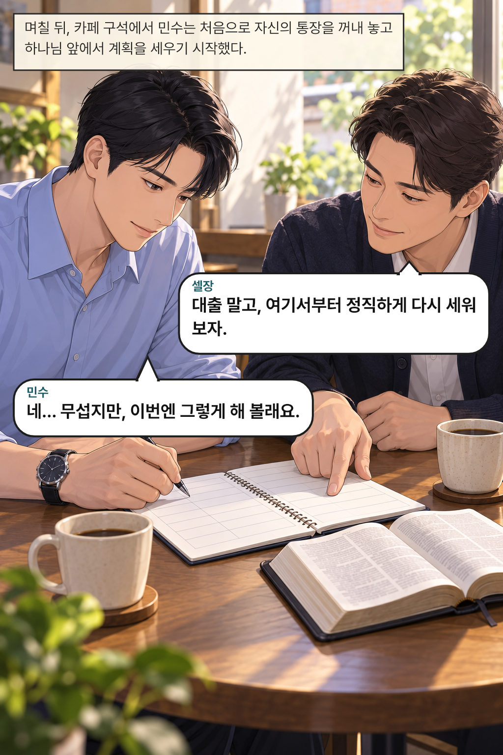 며칠 뒤, 카페 구석에서 민수는 처음으로 자신의 통장을 꺼내 놓고 하나님 앞에서 계획을 세우기 시작했다. / 셀장: 대출 말고, 여기서부터 정직하게 다시 세워 보자.
민수: 네… 무섭지만, 이번엔 그렇게 해 볼래요.