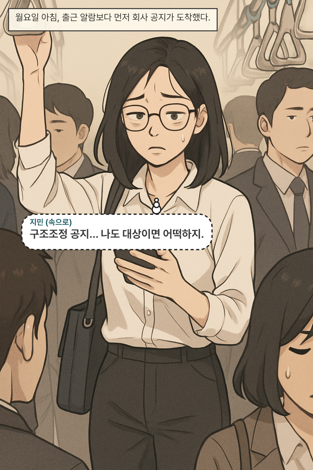 월요일 아침, 출근 알람보다 먼저 회사 공지가 도착했다. / 지민(속으로): 구조조정 공지… 나도 대상이면 어떡하지.