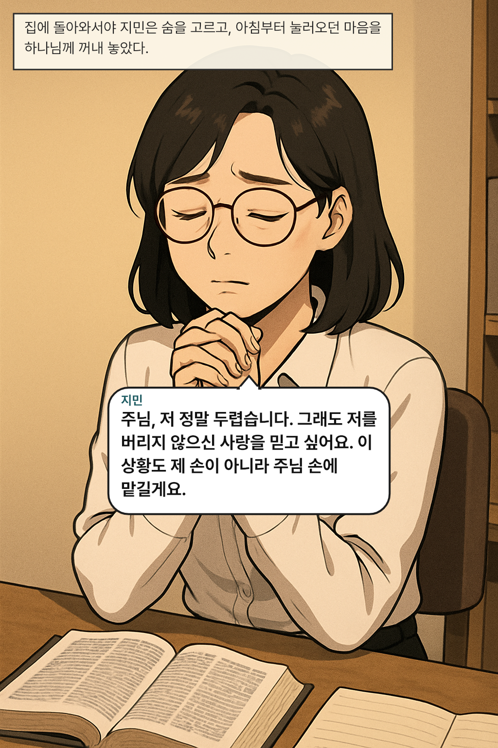 집에 돌아와서야 지민은 숨을 고르고, 아침부터 눌러오던 마음을 하나님께 꺼내 놓았다. / 지민: 주님, 저 정말 두렵습니다. 그래도 저를 버리지 않으신 사랑을 믿고 싶어요. 이 상황도 제 손이 아니라 주님 손에 맡길게요.